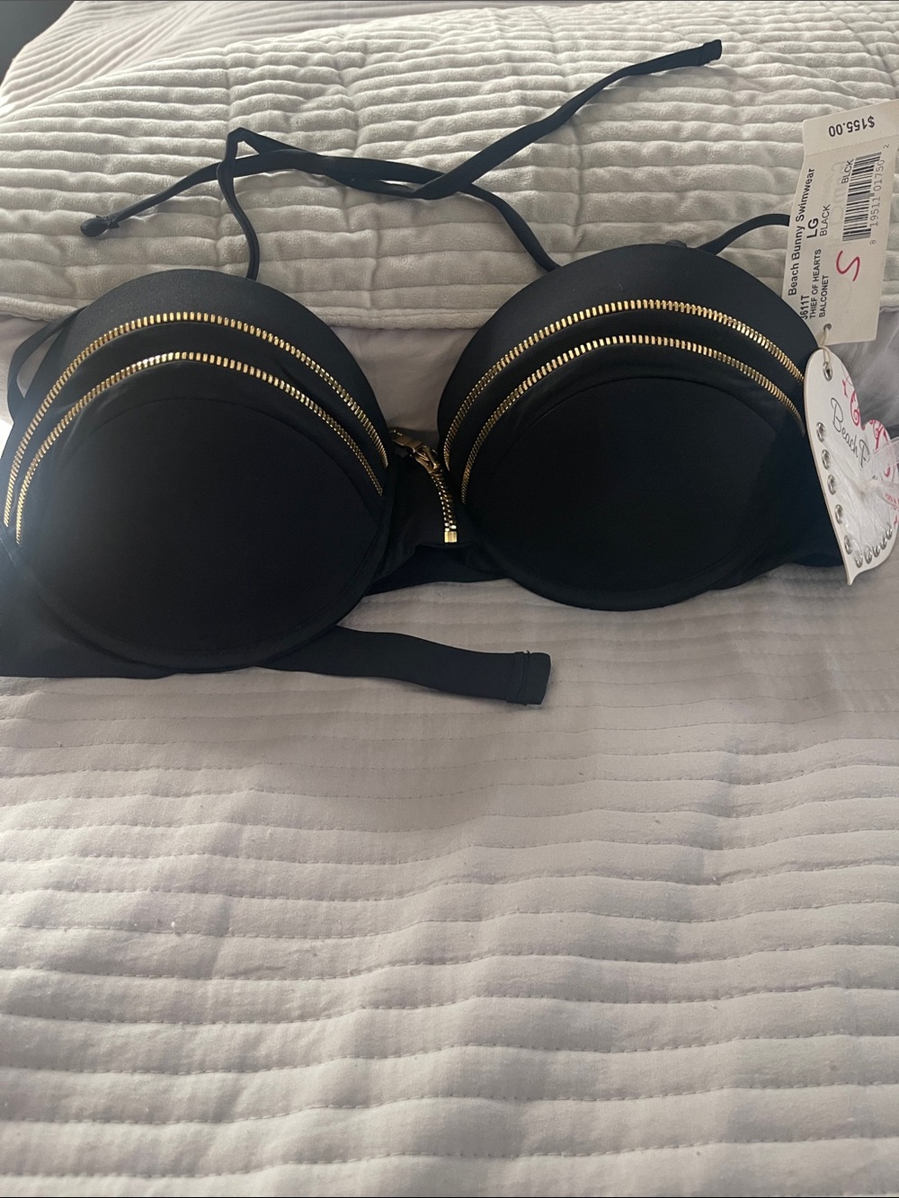 Black Swim Bikini Top with Gold Zipper Accents
